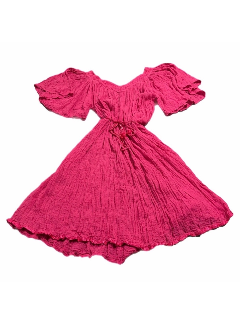 90s does 70s Greek Vintage Cotton Crinkle Midi Maxi Dress w Tie (Pink) O/S M-XL - Picture 2 of 7